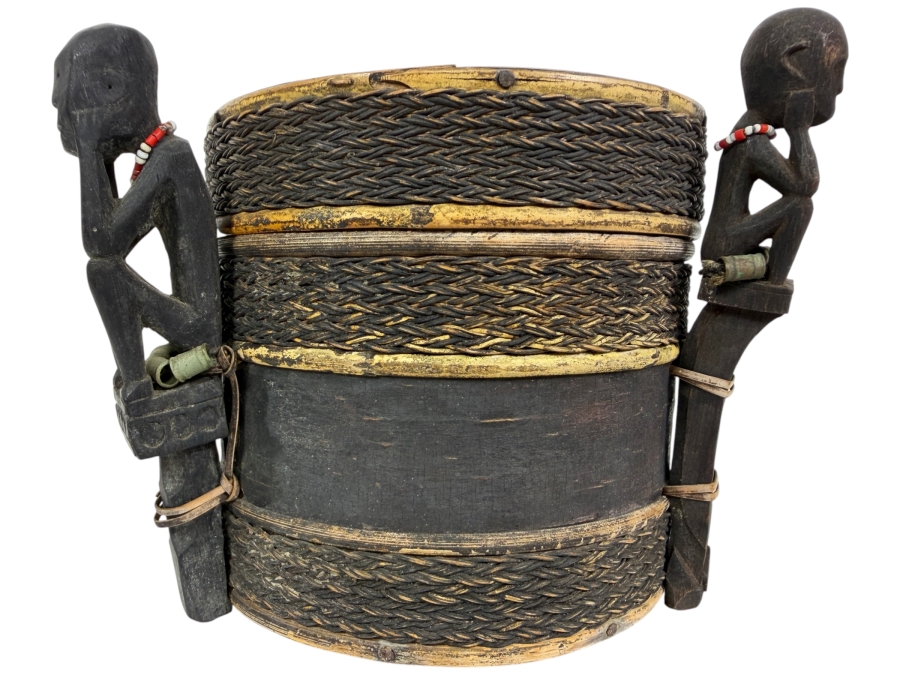 Antique Dayak Iban Shaman Medicine Box Lupong Carved Wooden Guardian Figures Wrapped Rattan 8'W X 6.5'H