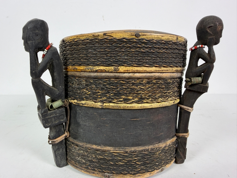 Antique Dayak Iban Shaman Medicine Box Lupong Carved Wooden Guardian Figures Wrapped Rattan 8'W X 6.5'H [Photo 2]