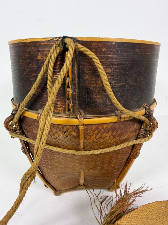 Vintage Southeast Asian Woven Bamboo Basket Backpack With Head Strap 7.5'W X 8.25'H [Photo 4]