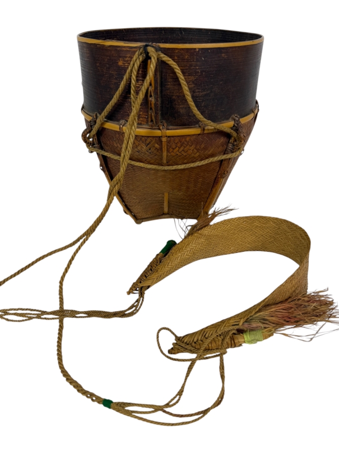 Vintage Southeast Asian Woven Bamboo Basket Backpack With Head Strap 7.5'W X 8.25'H