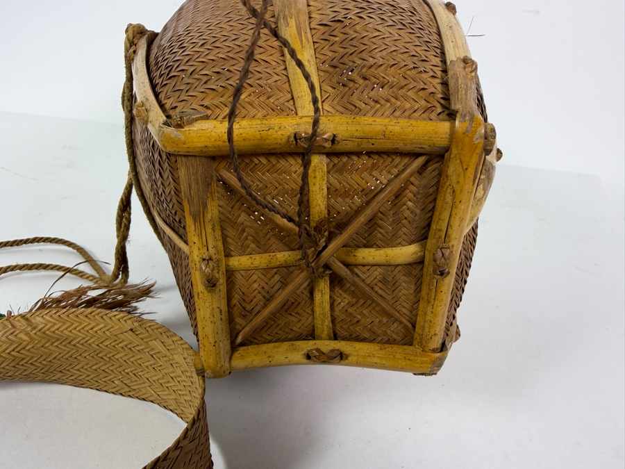 Vintage Southeast Asian Woven Bamboo Basket Backpack With Head Strap 7.5'W X 8.25'H [Photo 8]