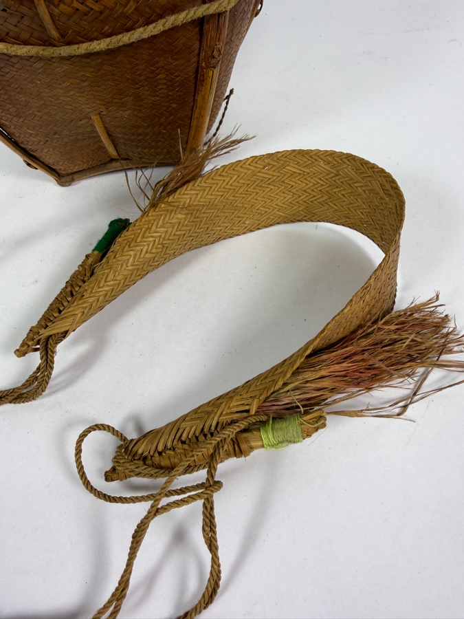 Vintage Southeast Asian Woven Bamboo Basket Backpack With Head Strap 7.5'W X 8.25'H [Photo 3]