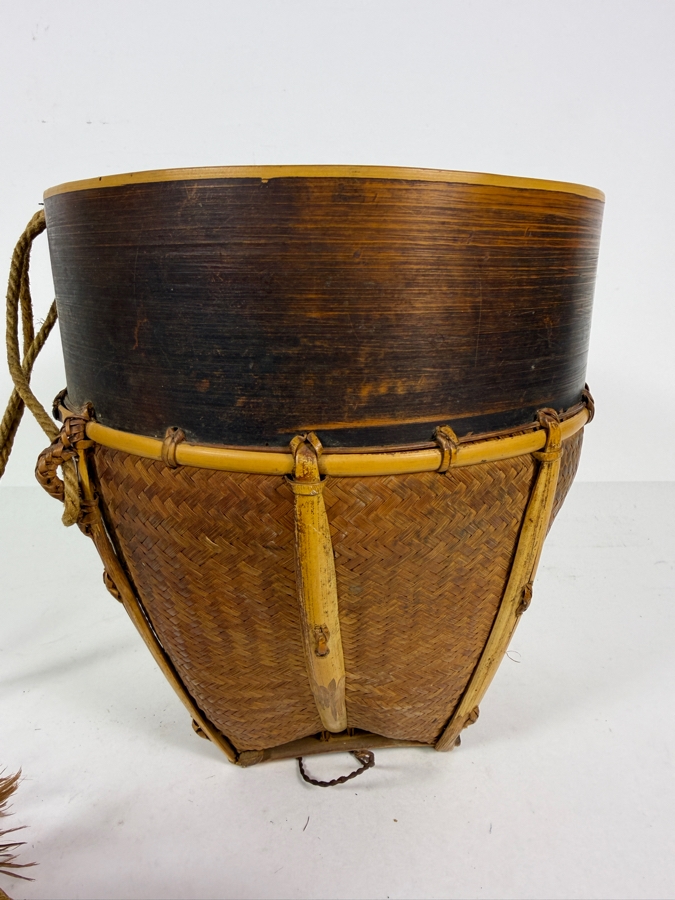 Vintage Southeast Asian Woven Bamboo Basket Backpack With Head Strap 7.5'W X 8.25'H [Photo 6]