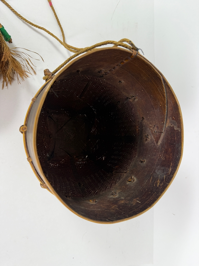 Vintage Southeast Asian Woven Bamboo Basket Backpack With Head Strap 7.5'W X 8.25'H [Photo 7]