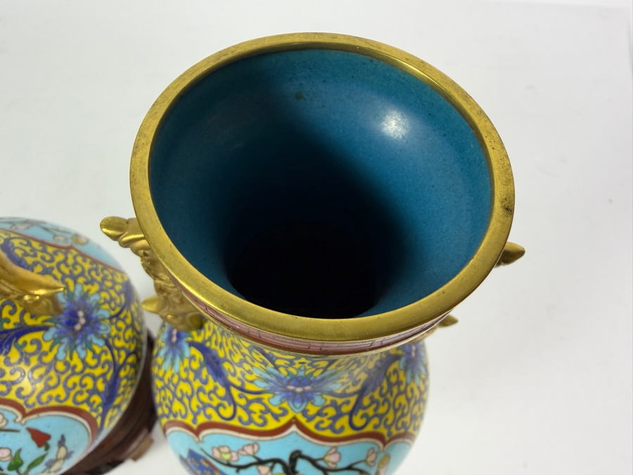 Just Added - Pair Of Vintage Chinese Brass Cloisonne Enamel Vase on Wooden Stands 9'H [Photo 6]