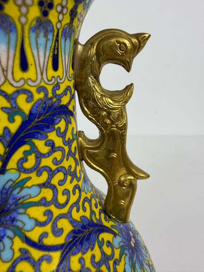 Just Added - Pair Of Vintage Chinese Brass Cloisonne Enamel Vase on Wooden Stands 9'H [Photo 8]