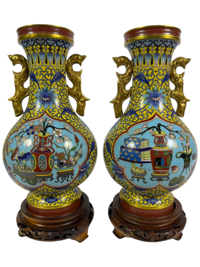 Just Added - Pair Of Vintage Chinese Brass Cloisonne Enamel Vase on Wooden Stands 9'H