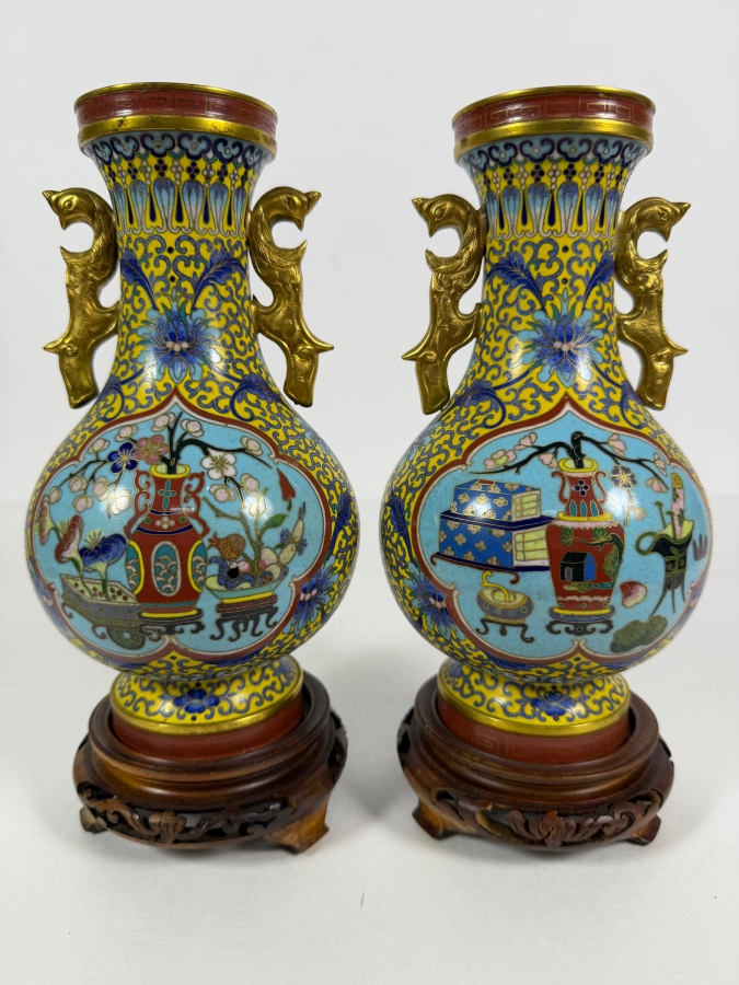 Just Added - Pair Of Vintage Chinese Brass Cloisonne Enamel Vase on Wooden Stands 9'H [Photo 2]