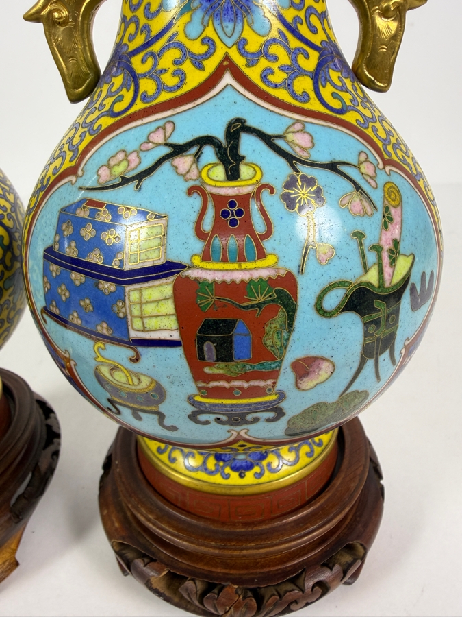 Just Added - Pair Of Vintage Chinese Brass Cloisonne Enamel Vase on Wooden Stands 9'H [Photo 4]
