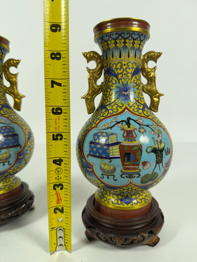 Just Added - Pair Of Vintage Chinese Brass Cloisonne Enamel Vase on Wooden Stands 9'H [Photo 10]