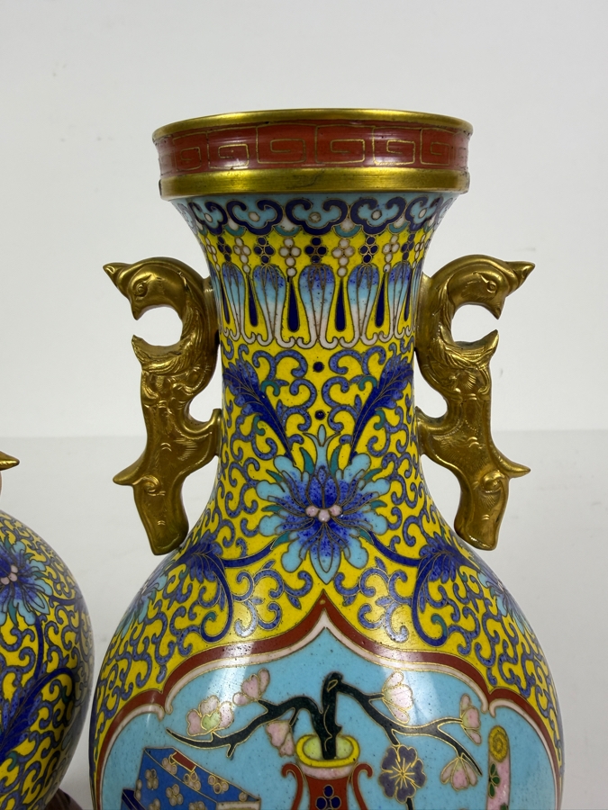 Just Added - Pair Of Vintage Chinese Brass Cloisonne Enamel Vase on Wooden Stands 9'H [Photo 5]