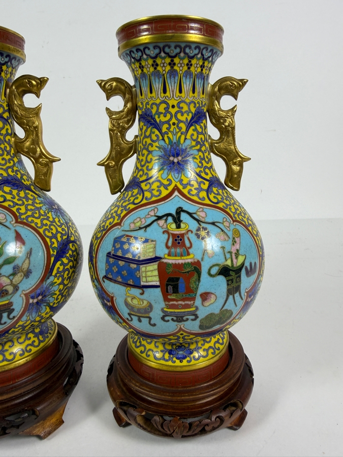 Just Added - Pair Of Vintage Chinese Brass Cloisonne Enamel Vase on Wooden Stands 9'H [Photo 3]