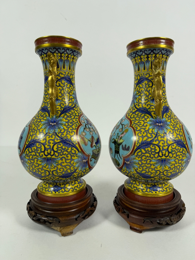 Just Added - Pair Of Vintage Chinese Brass Cloisonne Enamel Vase on Wooden Stands 9'H [Photo 7]