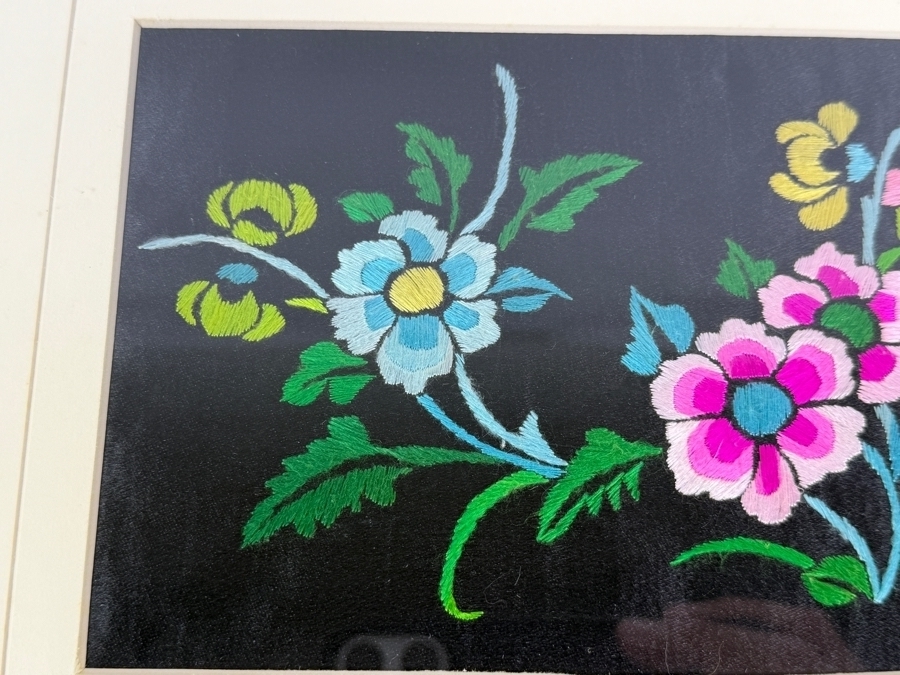 Just Added - Antique 19th Century Chinese Qing Dynasty Framed Textile of Hand Stitched Flowers 7 X 5 Framed 13.5 X 11 [Photo 5]