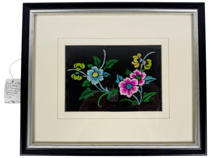 Just Added - Antique 19th Century Chinese Qing Dynasty Framed Textile of Hand Stitched Flowers 7 X 5 Framed 13.5 X 11