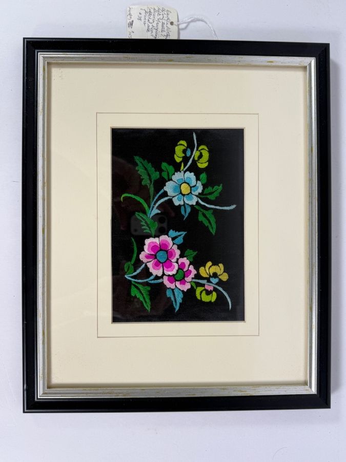 Just Added - Antique 19th Century Chinese Qing Dynasty Framed Textile of Hand Stitched Flowers 7 X 5 Framed 13.5 X 11 [Photo 2]