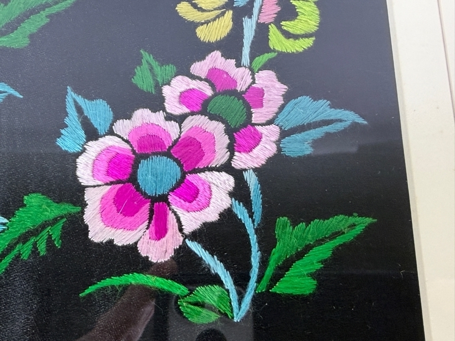 Just Added - Antique 19th Century Chinese Qing Dynasty Framed Textile of Hand Stitched Flowers 7 X 5 Framed 13.5 X 11 [Photo 4]