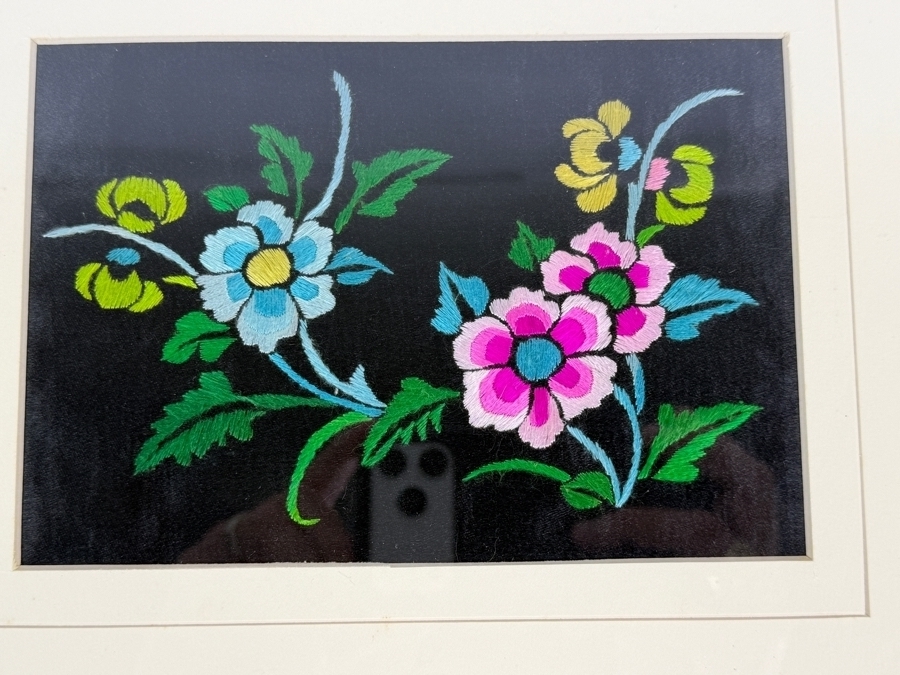 Just Added - Antique 19th Century Chinese Qing Dynasty Framed Textile of Hand Stitched Flowers 7 X 5 Framed 13.5 X 11 [Photo 3]