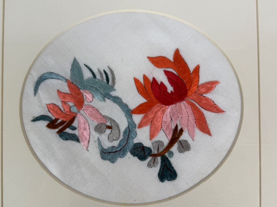 Just Added - Antique 19th Century Chinese Qing Dynasty Framed Textile of Hand Stitched Flowers 6 X 5.5 Framed 12 X 12