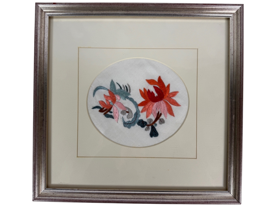 Just Added - Antique 19th Century Chinese Qing Dynasty Framed Textile of Hand Stitched Flowers 6 X 5.5 Framed 12 X 12 [Photo 2]