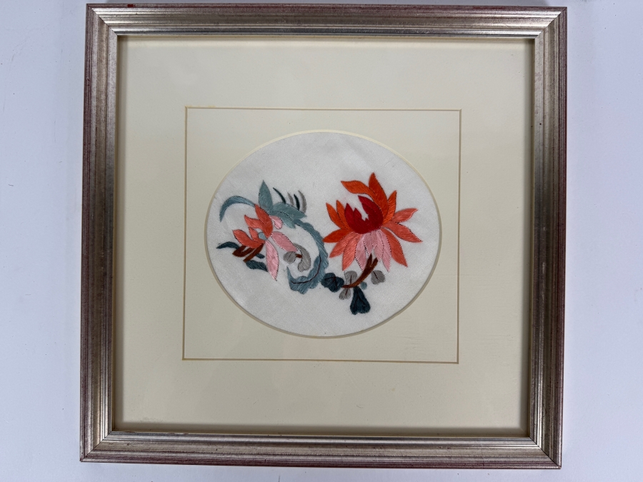 Just Added - Antique 19th Century Chinese Qing Dynasty Framed Textile of Hand Stitched Flowers 6 X 5.5 Framed 12 X 12 [Photo 3]