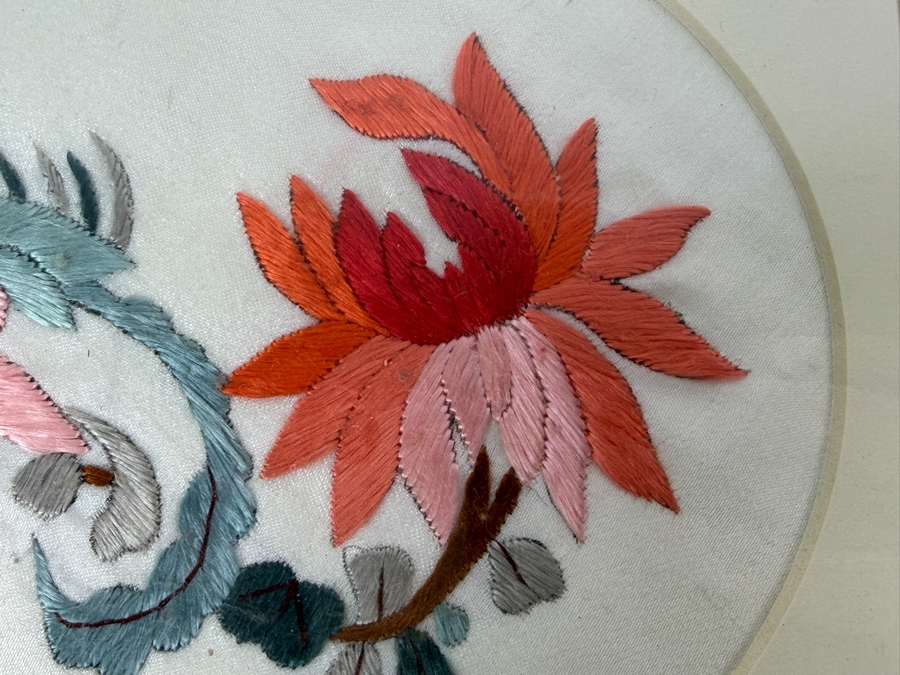 Just Added - Antique 19th Century Chinese Qing Dynasty Framed Textile of Hand Stitched Flowers 6 X 5.5 Framed 12 X 12 [Photo 4]