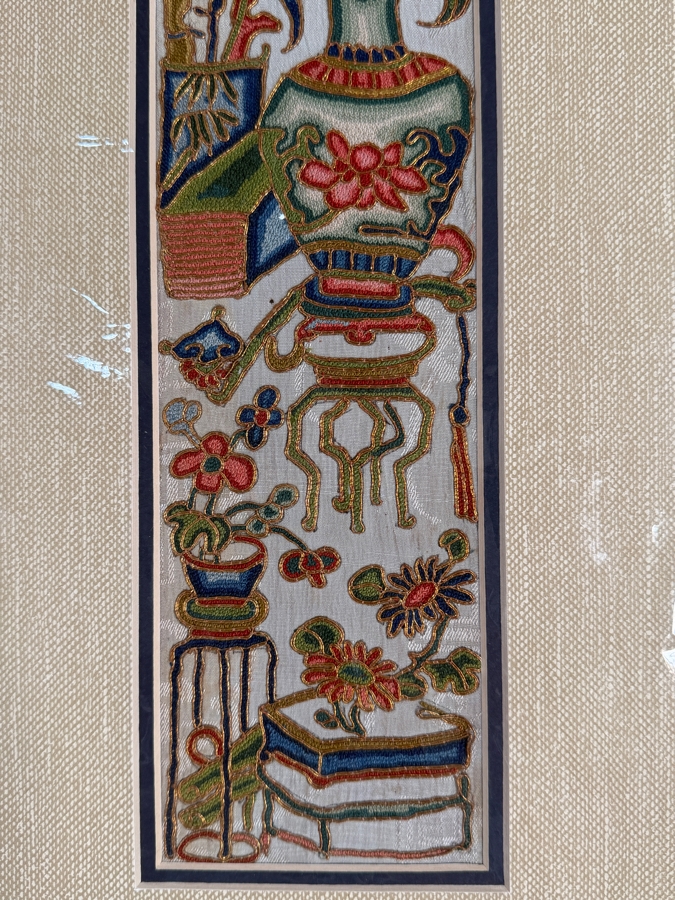 Just Added - Antique Chinese Framed Embroidered Sleeve Band with Hand Stitched Silk Peking Knot Flowers, Vases, Double Happiness 4 X 21 [Photo 4]