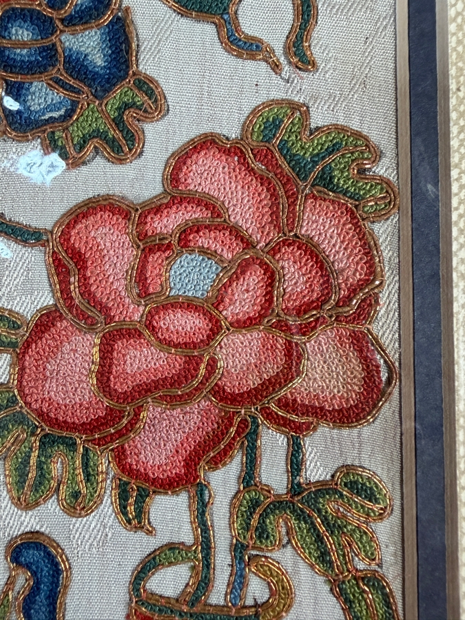 Just Added - Antique Chinese Framed Embroidered Sleeve Band with Hand Stitched Silk Peking Knot Flowers, Vases, Double Happiness 4 X 21 [Photo 7]