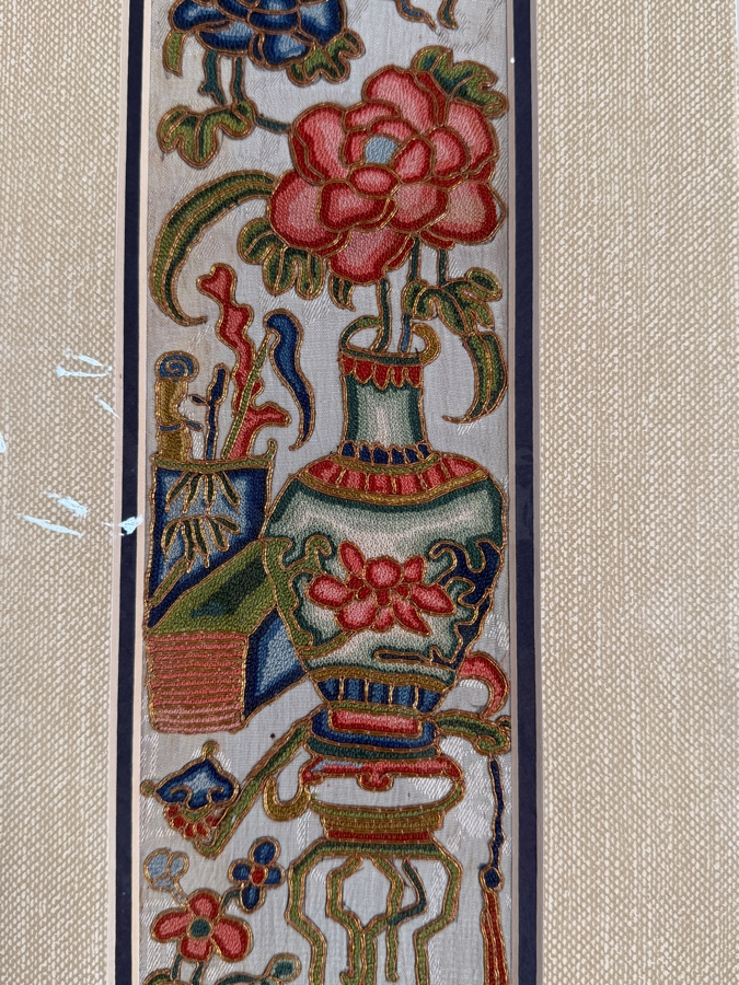Just Added - Antique Chinese Framed Embroidered Sleeve Band with Hand Stitched Silk Peking Knot Flowers, Vases, Double Happiness 4 X 21 [Photo 5]