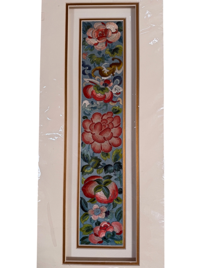 Just Added - Antique Chinese Framed Embroidered Sleeve Band with Hand Stitched Silk Peking Knot 3.75 X 18.5