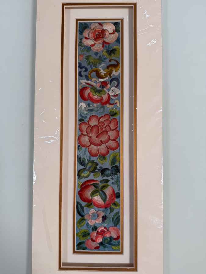 Just Added - Antique Chinese Framed Embroidered Sleeve Band with Hand Stitched Silk Peking Knot 3.75 X 18.5 [Photo 2]
