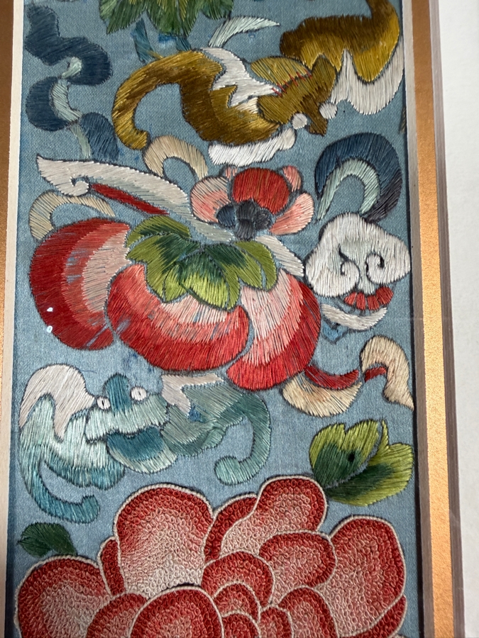 Just Added - Antique Chinese Framed Embroidered Sleeve Band with Hand Stitched Silk Peking Knot 3.75 X 18.5 [Photo 8]