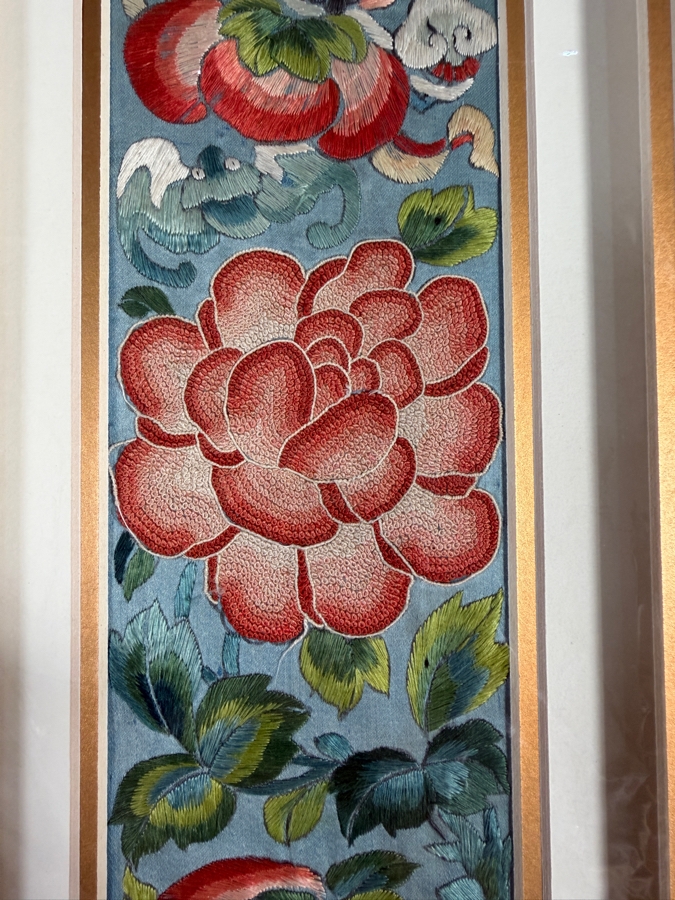 Just Added - Antique Chinese Framed Embroidered Sleeve Band with Hand Stitched Silk Peking Knot 3.75 X 18.5 [Photo 6]