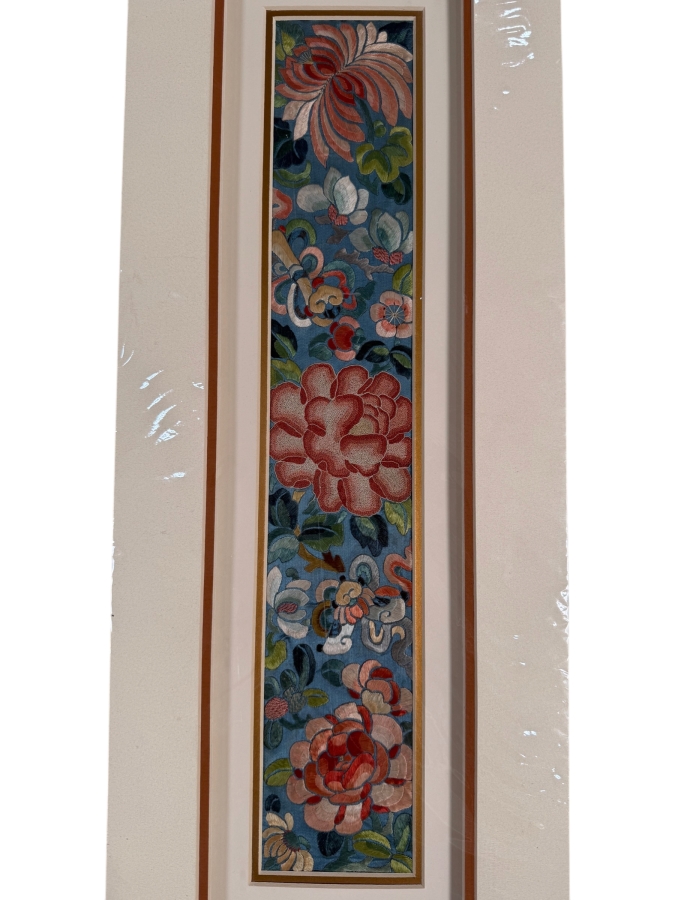Just Added - Antique Chinese Framed Embroidered Sleeve Band with Hand Stitched Silk Peking Knot 3.5 X 19