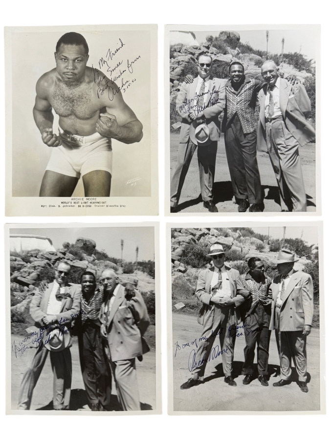 Just Added - Archie Moore Vintage Autographed Promotional Boxing Photos Set Of Four 8X10 All Hand Inscribed To Les Smee Dated March 1952