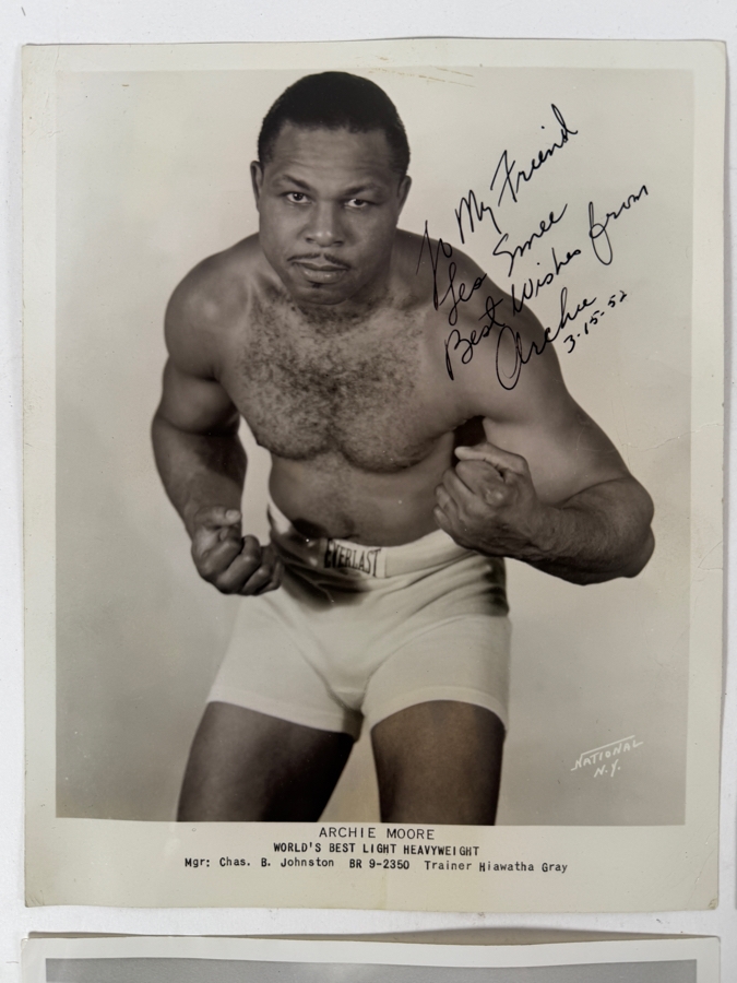 Just Added - Archie Moore Vintage Autographed Promotional Boxing Photos Set Of Four 8X10 All Hand Inscribed To Les Smee Dated March 1952 [Photo 2]