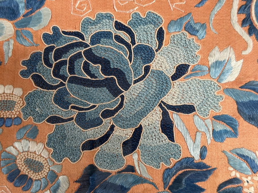 Just Added - Antique Chinese Red Silk Skirt Panel Blue Satin Stitch Center Peony Double Butterflies Custom Framed 19th Century 6' X 11' Framed: 18' X 20' [Photo 8]