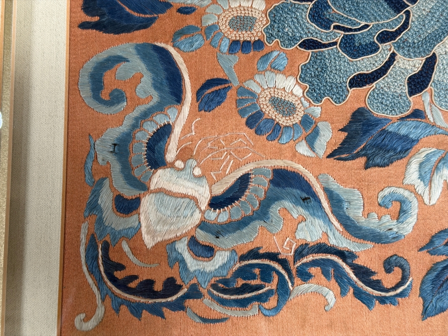 Just Added - Antique Chinese Red Silk Skirt Panel Blue Satin Stitch Center Peony Double Butterflies Custom Framed 19th Century 6' X 11' Framed: 18' X 20' [Photo 7]
