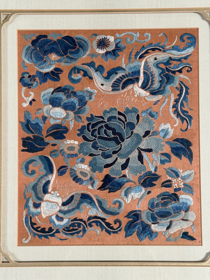 Just Added - Antique Chinese Red Silk Skirt Panel Blue Satin Stitch Center Peony Double Butterflies Custom Framed 19th Century 6' X 11' Framed: 18' X 20' [Photo 5]