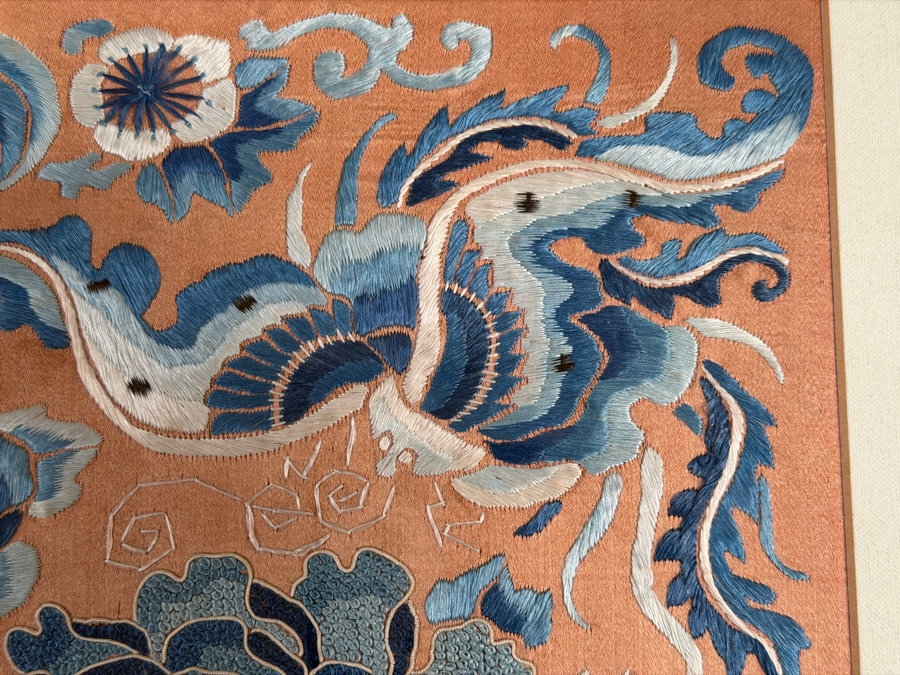 Just Added - Antique Chinese Red Silk Skirt Panel Blue Satin Stitch Center Peony Double Butterflies Custom Framed 19th Century 6' X 11' Framed: 18' X 20' [Photo 9]