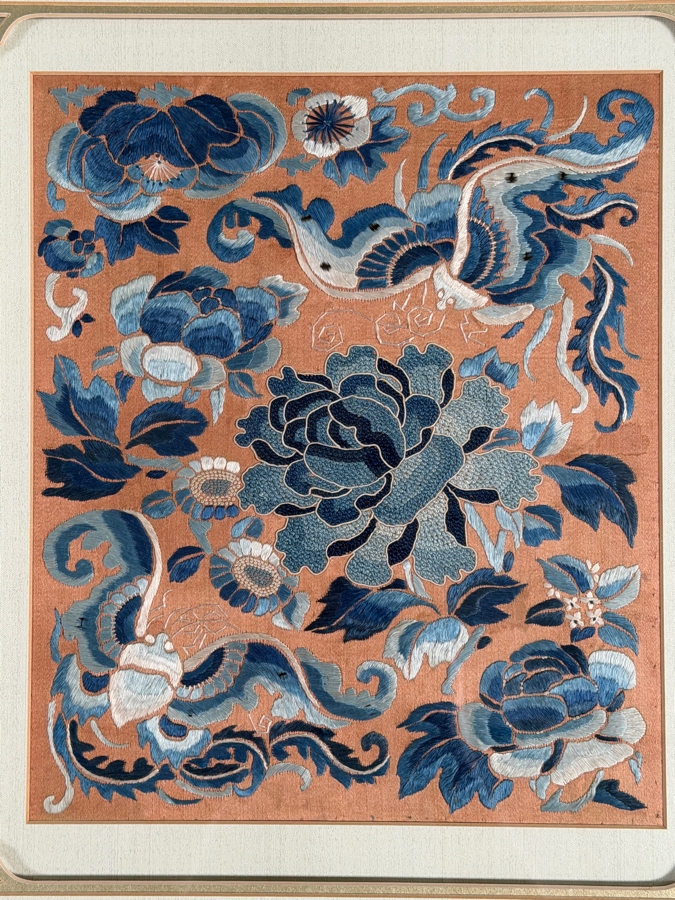 Just Added - Antique Chinese Red Silk Skirt Panel Blue Satin Stitch Center Peony Double Butterflies Custom Framed 19th Century 6' X 11' Framed: 18' X 20' [Photo 6]