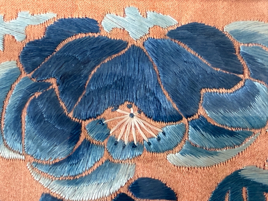 Just Added - Antique Chinese Red Silk Skirt Panel Blue Satin Stitch Center Peony Double Butterflies Custom Framed 19th Century 6' X 11' Framed: 18' X 20' [Photo 10]