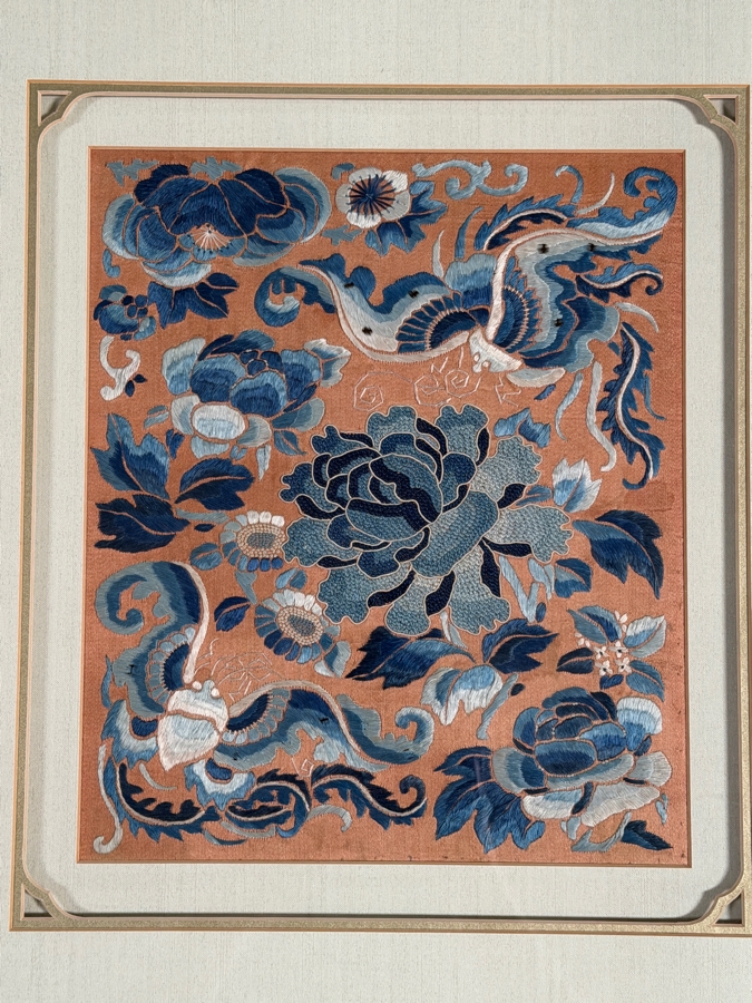 Just Added - Antique Chinese Red Silk Skirt Panel Blue Satin Stitch Center Peony Double Butterflies Custom Framed 19th Century 6' X 11' Framed: 18' X 20'