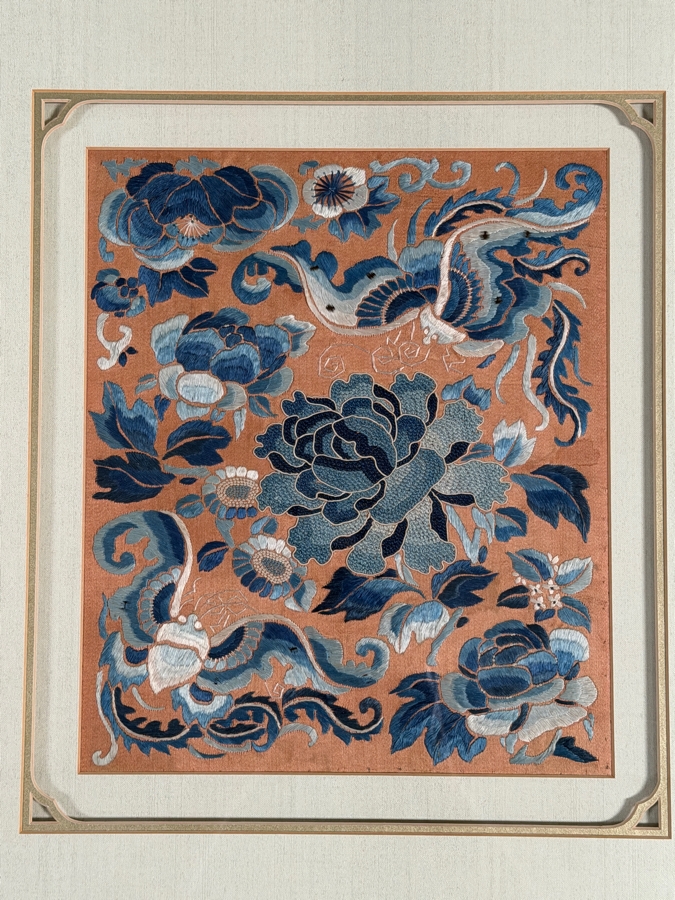 Just Added - Antique Chinese Red Silk Skirt Panel Blue Satin Stitch Center Peony Double Butterflies Custom Framed 19th Century 6' X 11' Framed: 18' X 20' [Photo 4]
