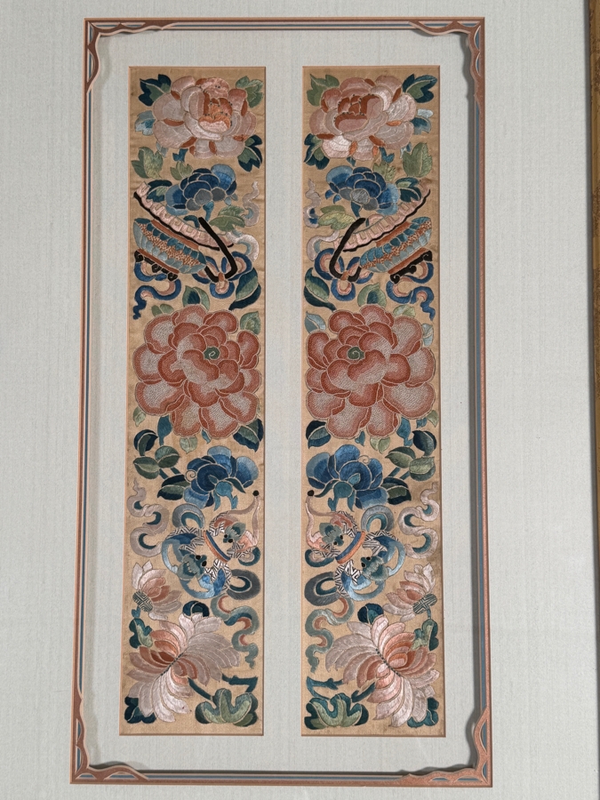Just Added - Antique Chinese Silk Embroidery Pair Of Sleeve Bands Polychrome Peonies Butterflies Custom Framed Late Qing Dynasty 19th Century 4' X 17' Framed: 17' X 27' [Photo 3]