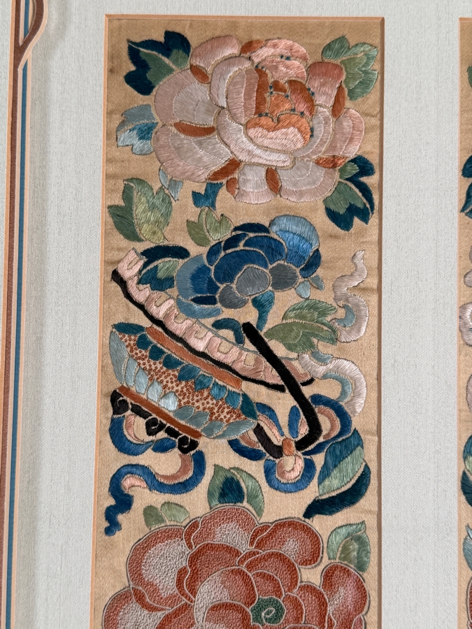 Just Added - Antique Chinese Silk Embroidery Pair Of Sleeve Bands Polychrome Peonies Butterflies Custom Framed Late Qing Dynasty 19th Century 4' X 17' Framed: 17' X 27' [Photo 6]