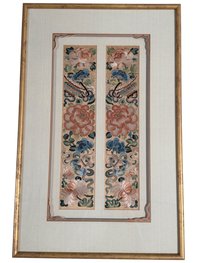 Just Added - Antique Chinese Silk Embroidery Pair Of Sleeve Bands Polychrome Peonies Butterflies Custom Framed Late Qing Dynasty 19th Century 4' X 17' Framed: 17' X 27' [Photo 2]