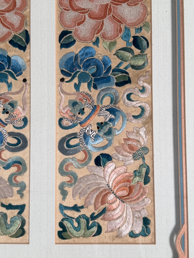 Just Added - Antique Chinese Silk Embroidery Pair Of Sleeve Bands Polychrome Peonies Butterflies Custom Framed Late Qing Dynasty 19th Century 4' X 17' Framed: 17' X 27' [Photo 9]