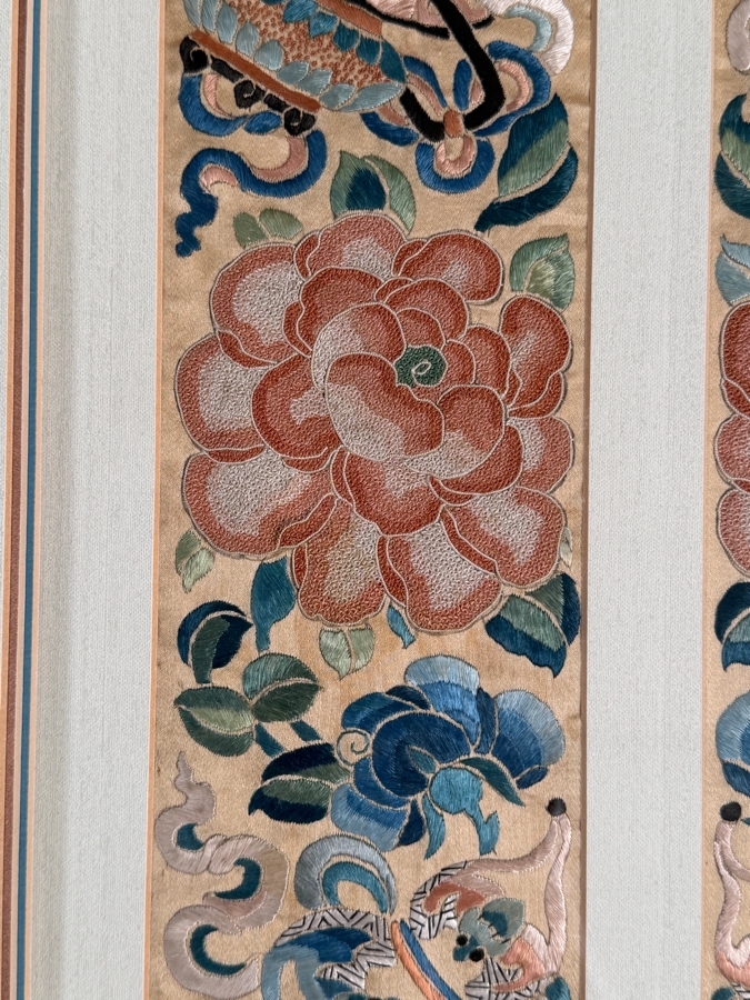 Just Added - Antique Chinese Silk Embroidery Pair Of Sleeve Bands Polychrome Peonies Butterflies Custom Framed Late Qing Dynasty 19th Century 4' X 17' Framed: 17' X 27' [Photo 5]