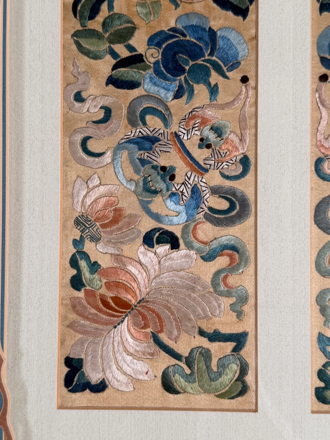 Just Added - Antique Chinese Silk Embroidery Pair Of Sleeve Bands Polychrome Peonies Butterflies Custom Framed Late Qing Dynasty 19th Century 4' X 17' Framed: 17' X 27' [Photo 4]